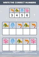 onderwijs spel voor kinderen schrijven de Rechtsaf getallen in de doos volgens naar de schattig garnaal piranha kwal koraal afbeeldingen Aan de tafel afdrukbare onderwater- werkblad vector