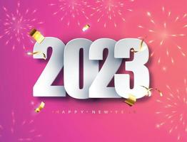 2023 gelukkig nieuw jaar. elegant getallen tegen achtergrond van flikkeren vuurwerk. groet kaart, banier, poster. vector illustratie.