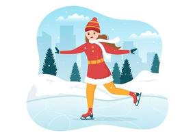 mensen het schaatsen Aan ijs baan vervelend winter kleren voor buitenshuis werkzaamheid of sport- recreatie in vlak tekenfilm hand- getrokken Sjablonen illustratie vector