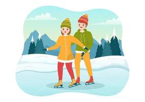 mensen het schaatsen Aan ijs baan vervelend winter kleren voor buitenshuis werkzaamheid of sport- recreatie in vlak tekenfilm hand- getrokken Sjablonen illustratie vector
