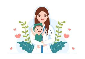 kinderarts onderzoekt ziek kinderen en baby voor medisch ontwikkeling, vaccinatie en behandeling in vlak tekenfilm hand- getrokken Sjablonen illustratie vector
