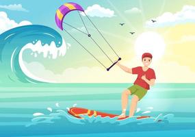 kitesurfen illustratie met vlieger surfer staand Aan kiteboard in de zomer zee in extreem water sport- vlak tekenfilm hand- getrokken sjabloon vector