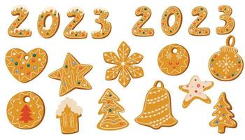 peperkoek koekjes set. Kerstmis snoepgoed verzameling. winter eigengemaakt snoepgoed in de vorm van een klok, sneeuwvlok, sneeuwman, hart, ster. hand- getrokken vector illustraties geïsoleerd Aan de wit achtergrond.