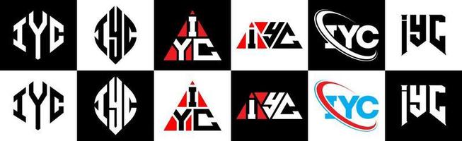 iyc brief logo ontwerp in zes stijl. iyc veelhoek, cirkel, driehoek, zeshoek, vlak en gemakkelijk stijl met zwart en wit kleur variatie brief logo reeks in een tekengebied. iyc minimalistische en klassiek logo vector