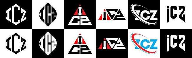 icz brief logo ontwerp in zes stijl. icz veelhoek, cirkel, driehoek, zeshoek, vlak en gemakkelijk stijl met zwart en wit kleur variatie brief logo reeks in een tekengebied. icz minimalistische en klassiek logo vector