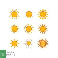 zon icoon set. gemakkelijk vlak stijl. zonneschijn, ochtend- zonnig, zonsopkomst, zonlicht, lucht, zomer concept. geel zon ster pictogrammen verzameling. vector illustratie ontwerp geïsoleerd Aan wit achtergrond. eps 10.