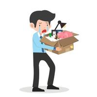 trieste zakenman met doos in handen verlaat het werk vector