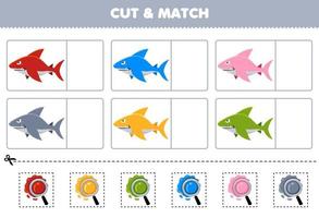 onderwijs spel voor kinderen besnoeiing en bij elkaar passen de dezelfde kleur van schattig tekenfilm haai afdrukbare onderwater- werkblad vector