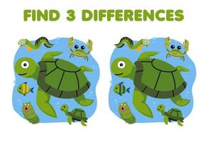 onderwijs spel voor kinderen vind drie verschillen tussen twee schattig tekenfilm groen schildpad afdrukbare onderwater- werkblad vector