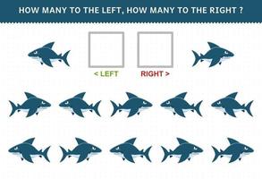 onderwijs spel voor kinderen van tellen links en Rechtsaf afbeelding van schattig tekenfilm haai afdrukbare onderwater- werkblad vector