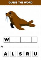 onderwijs spel voor kinderen Raad eens de woord brieven beoefenen van schattig tekenfilm walrus afdrukbare onderwater- werkblad vector