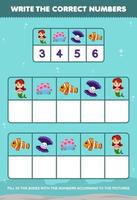onderwijs spel voor kinderen schrijven de Rechtsaf getallen in de doos volgens naar de schattig meermin koraal schelp vis afbeeldingen Aan de tafel afdrukbare onderwater- werkblad vector
