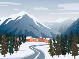 winter berg landschap met huizen vergelijkbaar naar de hotels van de ski toevlucht. vector illustratie