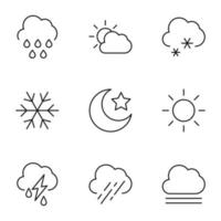 verzameling van negen lijn pictogrammen van regenen, zon over- wolk, sneeuw, ster door maan, zon, regenen, mist voor winkels, winkels, advertenties, appjes, ui. minimalistisch bewerkbare beroertes vector