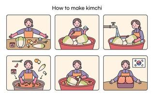 Koreaans traditioneel voedsel. de bestellen recept voor maken kimchi. een vrouw legt uit hoe naar maken kimchi. vector