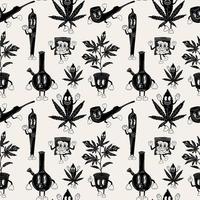 naadloos patroon met reeks van stickers tekenfilm mascotte karakter. medisch hennep, wiet, bong, glas pot, kunststof zak, cannabis sigaret, marihuana karakter concept vector