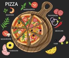 reeks van pizza's met divers vullingen. illustratie. vector illustratie