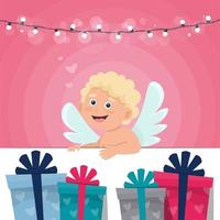 valentijnsdag dag groet kaart met schattig Cupido en Geschenk. vector illustratie in vlak stijl