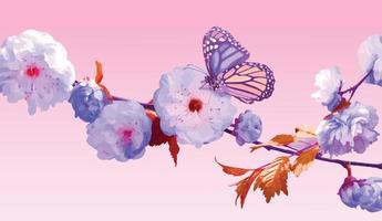 abstract kunst vector met blauw bloem, vlinders en botanisch bladeren