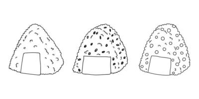 hand- getrokken onigiri clip art set. Japans snel voedsel gemaakt van rijst. rijst- bal in noch ik zeewier vector