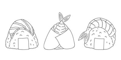 hand- getrokken onigiri clip art set. Japans snel voedsel gemaakt van rijst. rijst- bal in noch ik zeewier vector