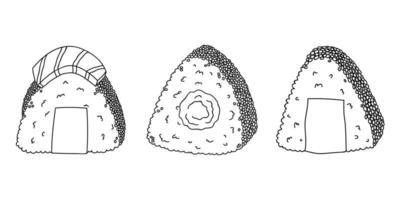 hand- getrokken onigiri clip art set. Japans snel voedsel gemaakt van rijst. rijst- bal in noch ik zeewier vector