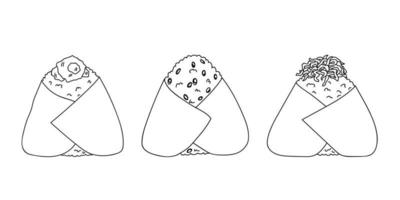 hand- getrokken onigiri clip art set. Japans snel voedsel gemaakt van rijst. rijst- bal in noch ik zeewier vector