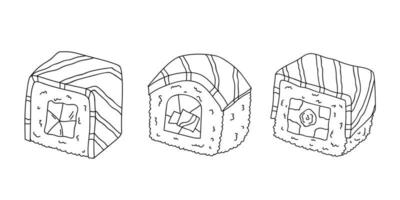 hand- getrokken sushi rollen clip art set. Japans traditioneel keuken borden. Aziatisch voedsel vector