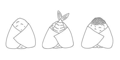 hand- getrokken onigiri clip art set. Japans snel voedsel gemaakt van rijst. rijst- bal in noch ik zeewier vector