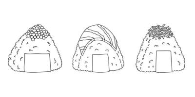 hand- getrokken onigiri clip art set. Japans snel voedsel gemaakt van rijst. rijst- bal in noch ik zeewier vector