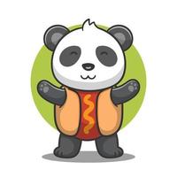 schattig tekenfilm panda gebruik hotdog kostuum met glimlach gezicht, vector illustratie.