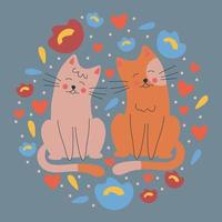 plein kaart sjabloon voor Valentijnsdag dag met een paar van katten, bloemen en harten in een cirkel. vector illustratie Aan een grijs achtergrond.