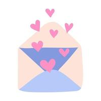 roze harten vlieg uit van een papier envelop. valentijnsdag dag kaart. vector illustratie