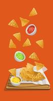 illustratie van vallend Mexicaans voedsel nacho's met sauzen Aan een dienblad met een servet. allemaal Aan een oranje achtergrond. helder keuken illustratie. geschikt voor het drukken Aan banners en flyers, restaurant menu's vector