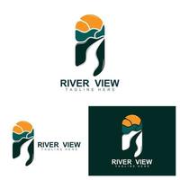 rivier- logo ontwerp, rivier- kreek vector, rivieroever illustratie met een combinatie van bergen en natuur, Product merk vector