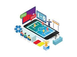 modern isometrische professioneel leven voetbal toernooi technologie illustratie in wit geïsoleerd achtergrond met mensen en digitaal verwant Bedrijfsmiddel vector