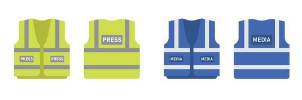 veiligheid druk op hesje Sjablonen set. blauw en geel uniform voor pers-mensen. vector illustratie Aan grijs achtergrond
