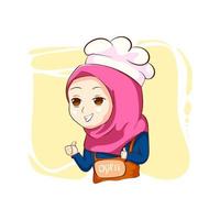 premie vector l de schattig Moslim vrouw. cheff Open kookt schattig vector. blauw overhemd en roze hijaab. illustratie afgebeeld Aan whiteboard. behang.