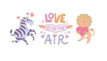 schattig dieren paar in liefde - zebra en leeuw welke houdt een hart in haar poten. de opschrift - liefde is in de lucht. gelukkig Valentijnsdag dag ansichtkaart. vector illustratie