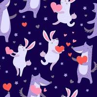 paar- van schattig dieren in liefde - wolf en haas met harten. naadloos patroon. vector illustratie. textiel, omhulsel papier met valentijnskaarten.