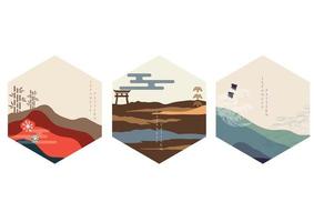 Japans achtergrond met berg Woud vector. Aziatisch icoon en symbool ontwerp. bamboe, vogel, poort, hand- getrokken Golf decoratie. vector