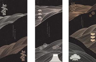 Japans achtergrond met lijn patroon vector. abstract landschap sjabloon met Aziatisch icoon elementen. fuji berg, bamboe en bonsai banier ontwerp in wijnoogst stijl. vector