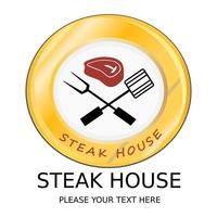 steak huis logo ontwerp sjabloon illustratie, Daar zijn rooster steak, bord, vork. deze is mooi zo voor uw bedrijf vector