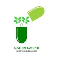 natuur capsule logo ontwerp sjabloon illustratie. daar blad en capsule. dit is goed voor apotheek, medisch, industrieel, fabriek, natuur enz. vector