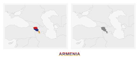 twee versies van de kaart van Armenië, met de vlag van Armenië en gemarkeerd in donker grijs. vector