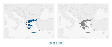 twee versies van de kaart van Griekenland, met de vlag van Griekenland en gemarkeerd in donker grijs. vector