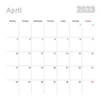 gemakkelijk muur kalender voor april 2023 met stippel lijnen. de kalender is in engels, week begin van maandag. vector
