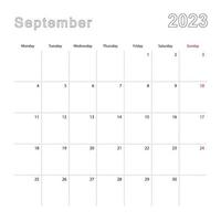 gemakkelijk muur kalender voor september 2023 met stippel lijnen. de kalender is in engels, week begin van maandag. vector