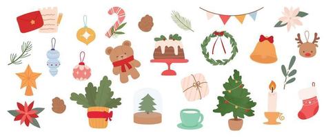 reeks van winter levendig Kerstmis element vector illustratie. verzameling van Kerstmis boom, snuisterij bal, brief, taart, plant, teddy beer, klok. ontwerp voor sticker, kaart, poster, uitnodiging, groet.