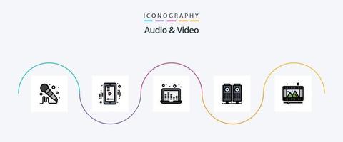 audio en video lijn gevulde vlak 5 icoon pak inclusief haspel. Speel op te slaan. geluid bars. Speel. geluid vector